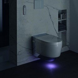 Модерна конзолна тоалетна чиния с хром елемент – Geberit AquaClean Mera Comfort WC 